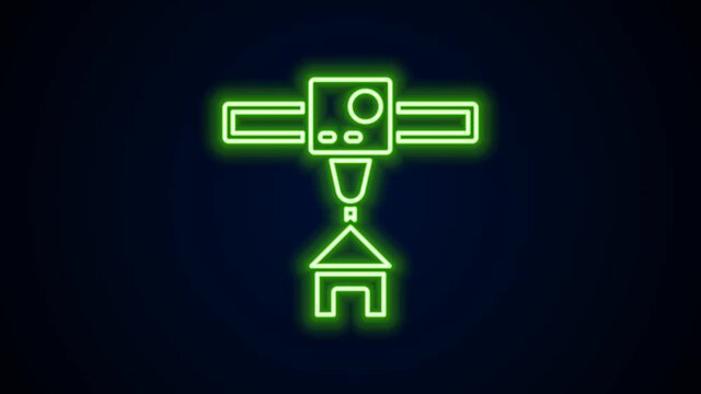 Glowing neon line 3D printer house icon isolated on black background. 3d printing. 4K Video motion graphic animation