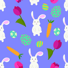 Seamless pattern with rabbits, tulips, carrot,eggs isolated on violet. easter wrapping, scrapbooking