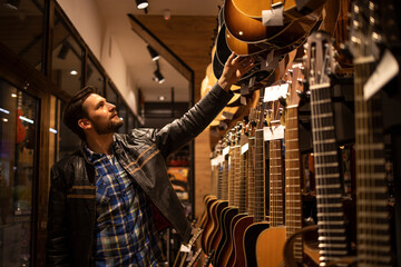 Fototapeta na wymiar Talented musician in leather jacket searching for perfect guitar in music shop.