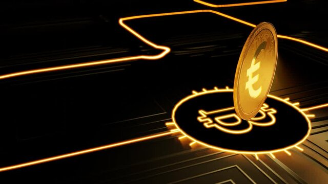 Exchange money from Bitcoin neon sign with business systems network,crypto currency, digital encryption, Digital money exchange, Technology global network connections concept., 4K Looping Animated Bac