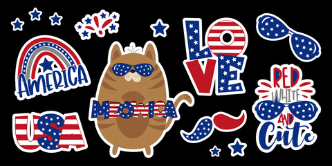 4th of july, Happy Independence Day, sticker set. 