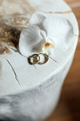 Wedding rings on the table. Wedding details for the ceremony.
