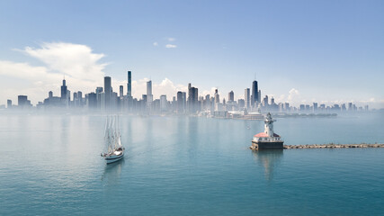 Fototapeta premium Chicago Lakefront Skyline Drone Lake Michigan 