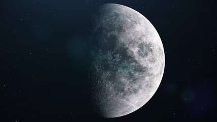 Realistic full moon. Moon spinning in open space over stars. 3d rendering