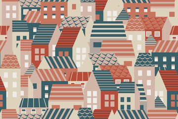 Houses seamless pattern. Repetitive vector illustration of abstract flat houses. Urban style design texture, decorative wallpaper.