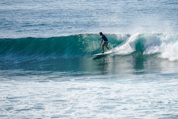 Surfer on perfect blue aquamarine wave, empty line up, perfect for surfing, clean water, Indian Ocean close to Mirissa