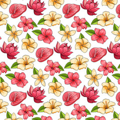 Tropical pattern with exotic plants flowers and leaves in cartoon style