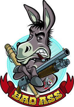 cartoon style donkey holding gun and bat