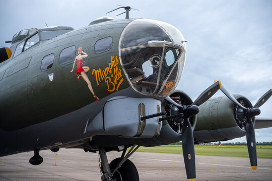 Duxford England May 2021 Front view of the B17 Sally B bomber, double barreled gun turret in the nose