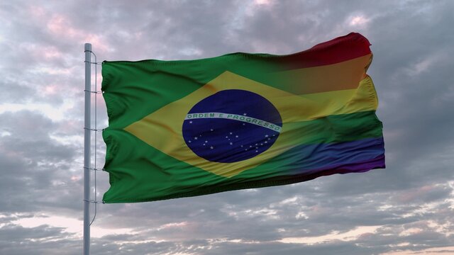 Waving flag of Brazil state and LGBT rainbow flag background. 3d rendering