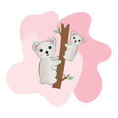 Mom koala on the tree with her baby. Mother and me. Happy Mother's Day Calligraphy Postcard. The illustration can be used for a poster, nursery decoration, party invitation.