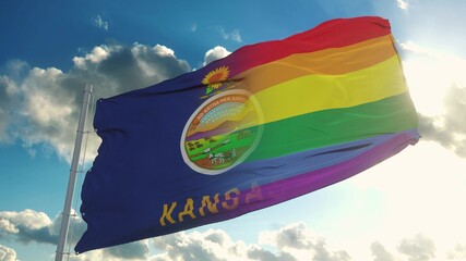 Flag of Kansas and LGBT. Kansas and LGBT Mixed Flag waving in wind. 3d rendering