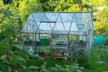 A glass shed or greenhouse in an allotment garden.