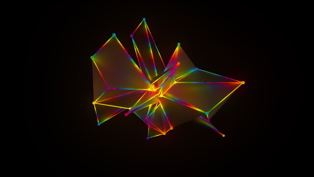 Variable 3d Render Of Futuristic Linear Ornament. Digital Decorative Polygonal Mesh In Abstract Minimalistic Symmetry. Vibrant Techno Butterfly With Random Kaleidoscope Lines.