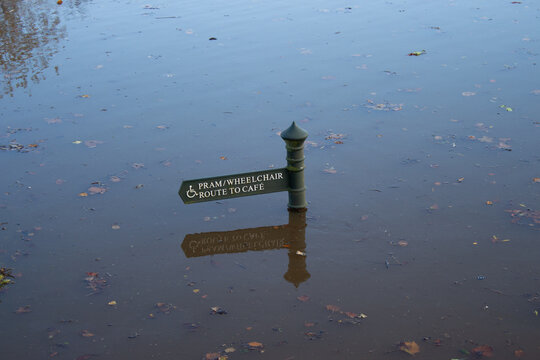 Flood water covers Rowntree Park in York, England.