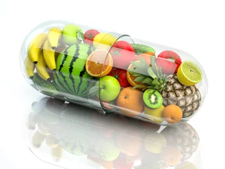 Foto auf Acrylglas Vitamin pill capsule with fruits and vegetables. Nutrition supplemet and health eating concept. © Maksym Yemelyanov