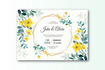 Wedding invitation card with green yellow flower watercolor