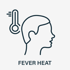 Fever Heat, High Temperature Icon. Body Temperature, Fever Symptom, Thermometer Linear Icon. Flu, Virus, Cold Coronavirus Symptom. Pictogram for Medical Poster. Editable stroke. Vector illustration