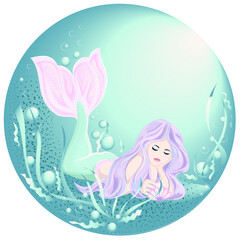 Beautiful mermaid with purple hair looks at a shell with a pearl. Vector illustration