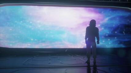 Alone astronaut in futuristic spaceship, room. 3d rendering