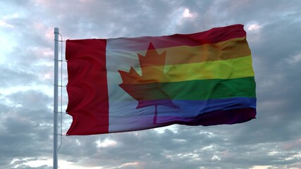 Waving national flag of Canada and LGBT rainbow flag background. 3d rendering