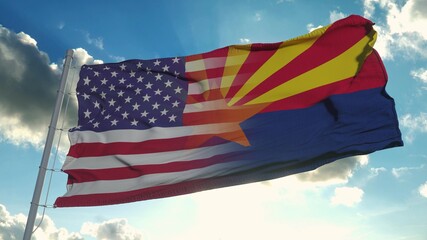 Flag of USA and Arizona state. USA and Arizona Mixed Flag waving in wind. 3d rendering