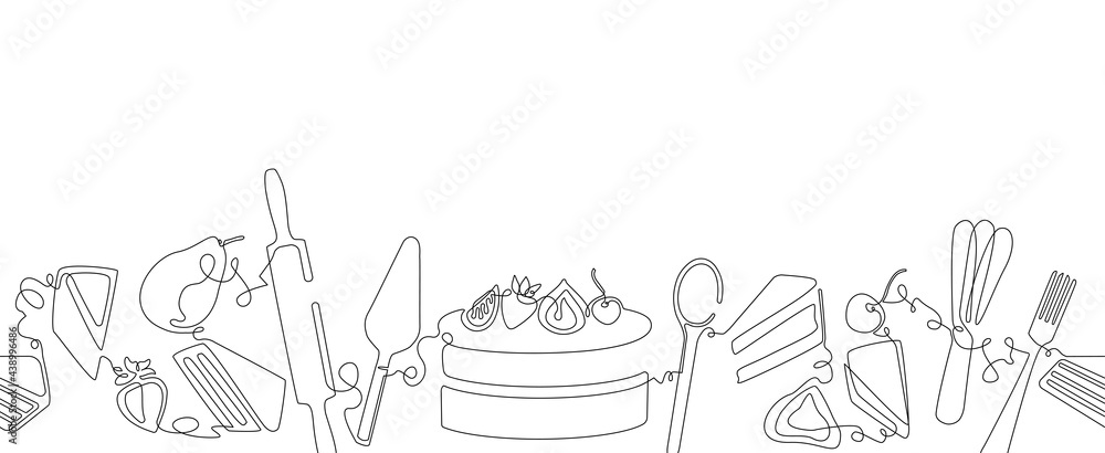 Wall mural horizontal border pattern with cake and pie slices. background with bakery sweets.