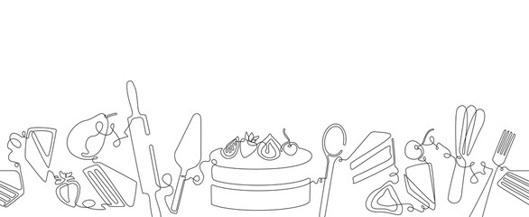 Horizontal Border Pattern with Cake and Pie Slices. Background with Bakery Sweets. 