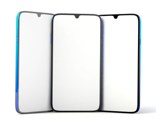 Blue smartphone mock-up with a blank screen. Mobile mock-up isolated on white background. 3d illustration.