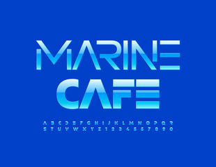 Vector blue logo Marine Cafe with Glossy techno Font. Modern style Alphabet Letters and Numbers set