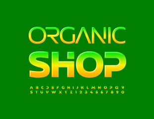 Vector concept logo Organic Shop. Glossy colorful Font. Trendy set of Alphabet Letters and Numbers