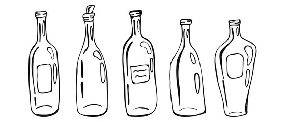 A set of bottles for wine in sketch or doodle style. Icons for a restaurant or bar menu. Vector graphics isolated on white background.