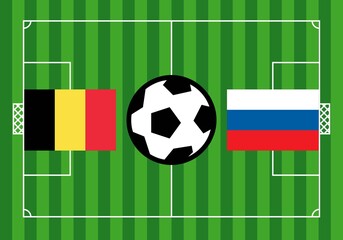 Partido de futbol de la Eurocopa entre Bélgica y Rusia.. Campo de futbol, con las banderas de Bélgica y Rusia y un balón en el centro del terreno de juego - obrazy, fototapety, plakaty
