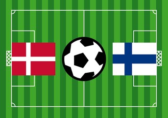 Partido de futbol de la Eurocopa entre Dinamarca y Finlandia. Campo de futbol, con las banderas de Dinamarca y Finlandia y un balón en el centro del terreno de juego - obrazy, fototapety, plakaty
