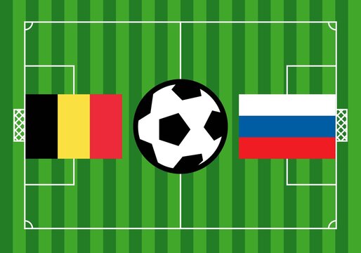 Partido de futbol de la Eurocopa entre Bélgica y Rusia.. Campo de futbol, con las banderas de Bélgica y Rusia y un balón en el centro del terreno de juego