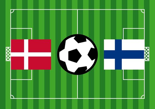 Partido de futbol de la Eurocopa entre Dinamarca y Finlandia. Campo de futbol, con las banderas de Dinamarca y Finlandia y un balón en el centro del terreno de juego