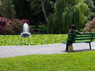 Woman sitting in a bench overlooking fountain in the lake covered with lily pads in the Beacon Hill park, Victoria BC