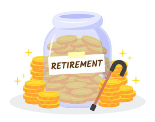 Money jar with walking stick and stack of golden coins. Creative financial concept of savings or investment for retirement planning. Trendy cute vector illustration. Flat style graphic design icon.