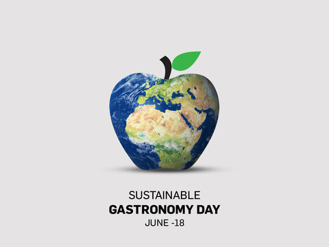 The theme of Sustainable Gastronomy day. Day observed each year on June 18 across the globe. World Food Safety Day. 3D globe map isolated on an apple shape.