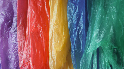 Plastic bags different colors. Rainbow colors. International plastic bag free day. Say no to plastic. Go green. Save nature. Save ocean. World ocean day. Company against plastic bags.
