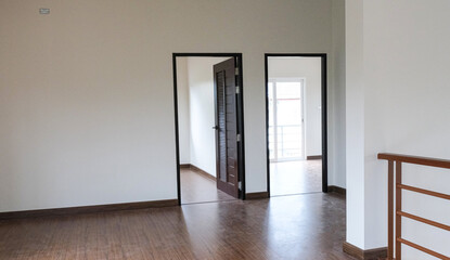 two door open to bed room and living room. wooden floor brown color on bolcony room in new house