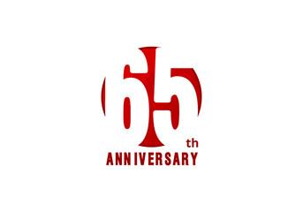 65 years anniversary vector template with red color, 65th birthday logo