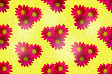 Seamless pattern with pink flowers on a yellow background.