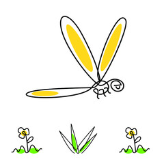Illustration of minimalist yellow dragonfly with grass and flower. One line art. Vector
