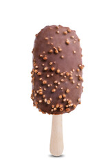 Vanilla ice cream with crispy rice and chocolate glaze on a stick on a white isolated background