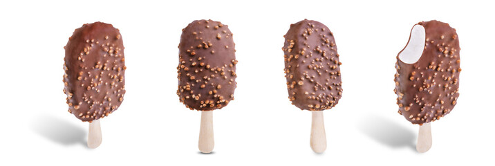 Vanilla ice cream with crispy rice and chocolate glaze on a stick on a white isolated background