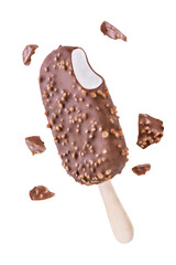 Vanilla ice cream with crispy rice and chocolate glaze on a stick on a white isolated background