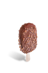 Vanilla ice cream with crispy rice and chocolate glaze on a stick on a white isolated background