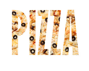 Word pizza with texture pattern of pizzas for each letter. Isolated on a white background. 