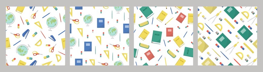 set of patterns school supplies and office stationary on white background. Back to school, education and business concept. Vector seamless pattern for banner, poster, office supply store and wallpaper